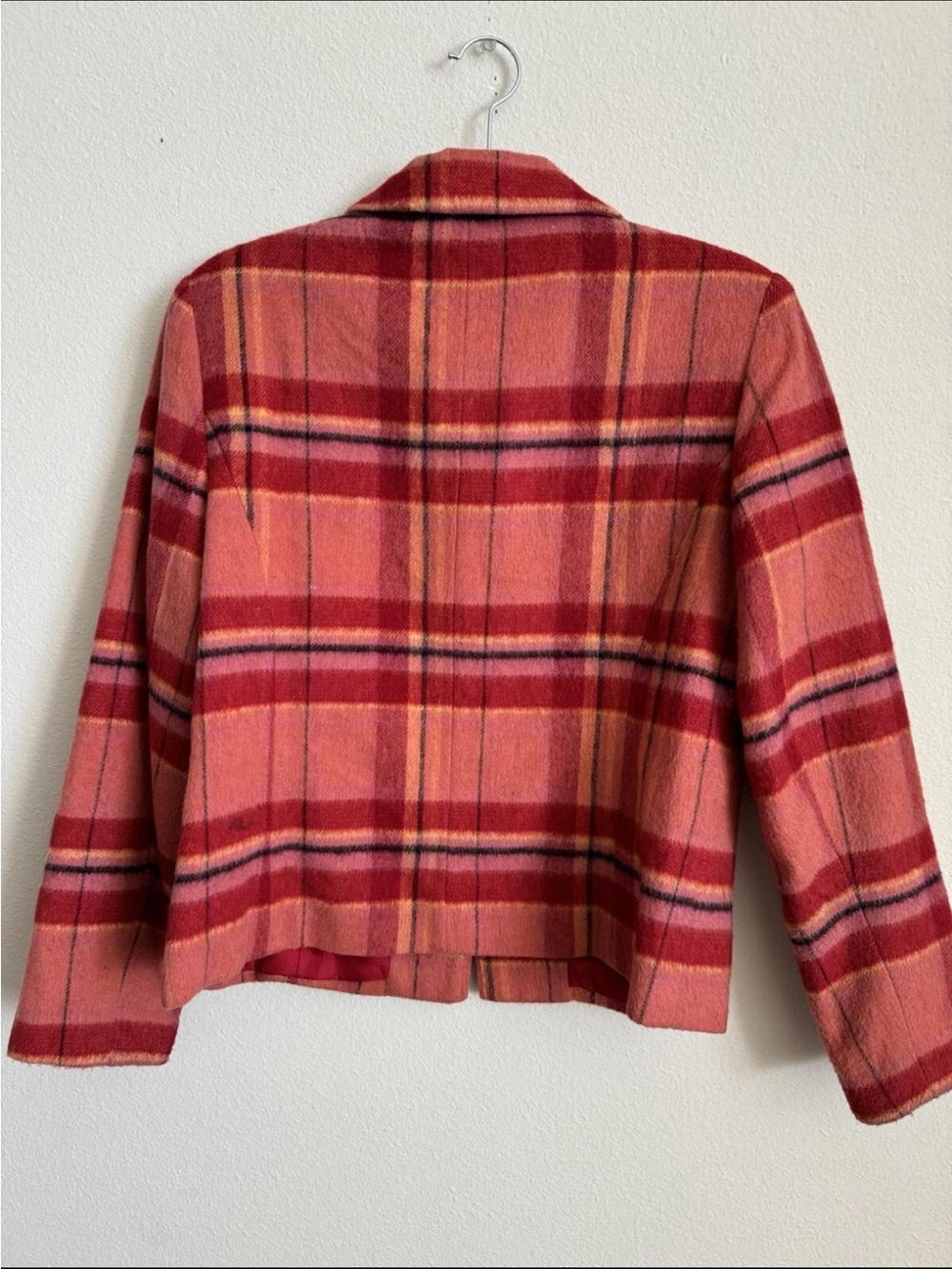 Vintage 80s 90s Pink Wool Buffalo Plaid Blanket Boxy Jacket Size 10 - Picture 3 of 4